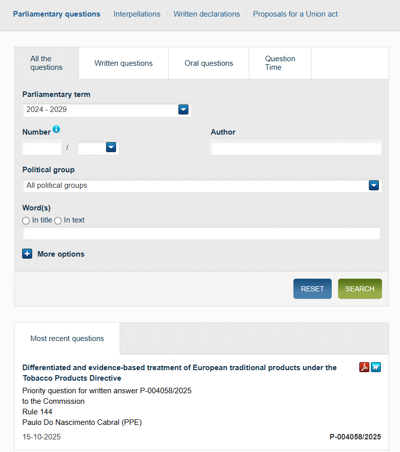Screenshot of the official EU Parliament PQ database, showing a complex and basic keyword search interface.