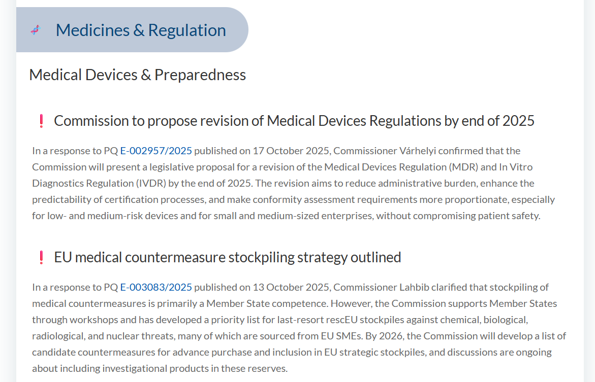 Screenshot of the Policy-Insider.AI Insights platform, showing a clean, curated report on EU Health Policy.