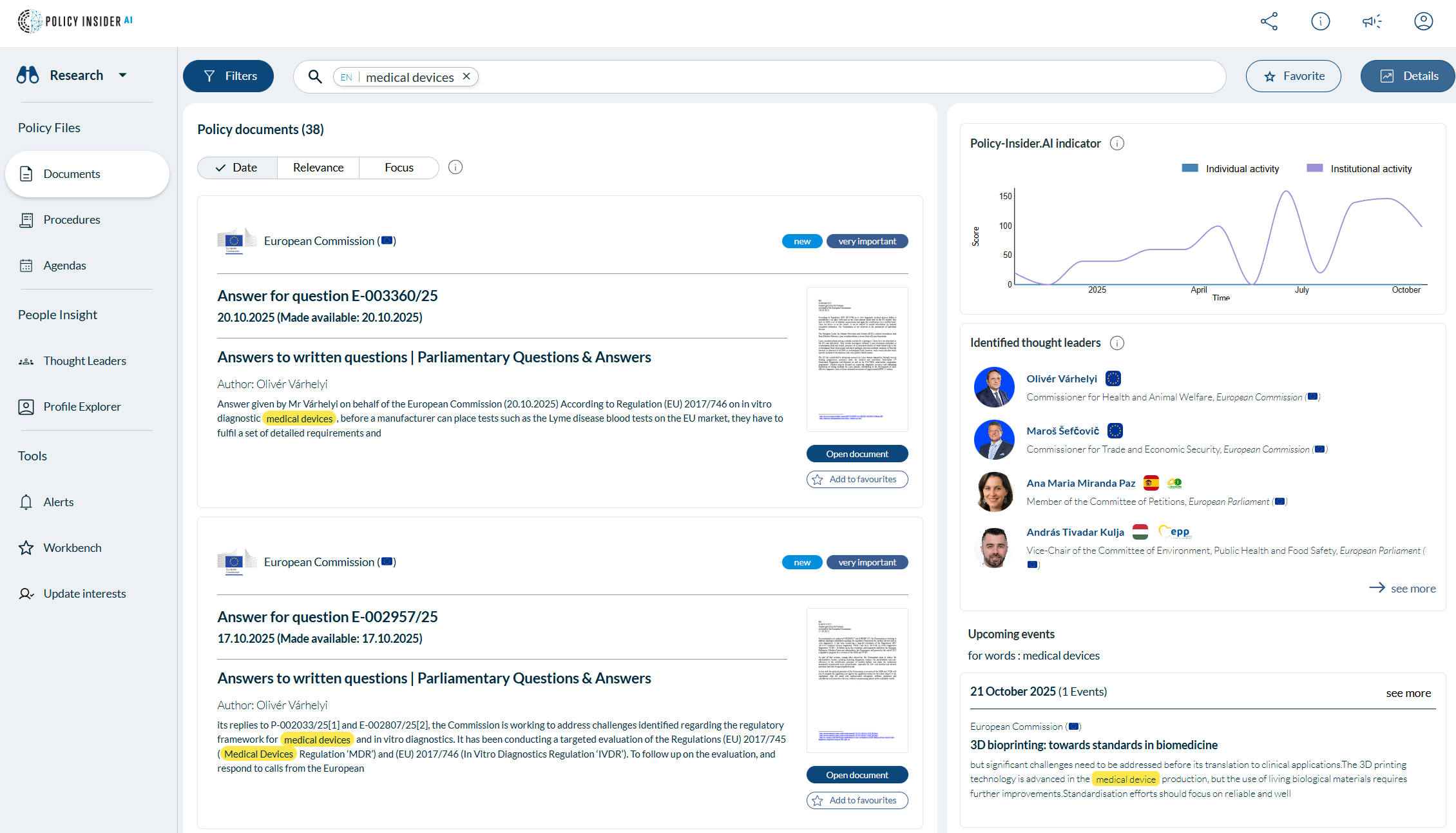Screenshot of the professional Policy-Insider.AI webapp, showing a detailed dashboard for tracking specific Parliamentary Questions.